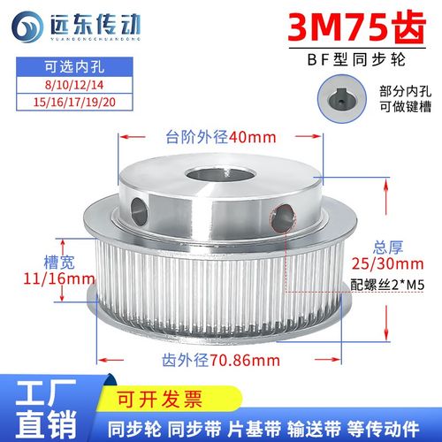 同步轮3M75齿BF型K型齿宽11MM/16MM内孔4/5/6/7/8/10/12同步带轮