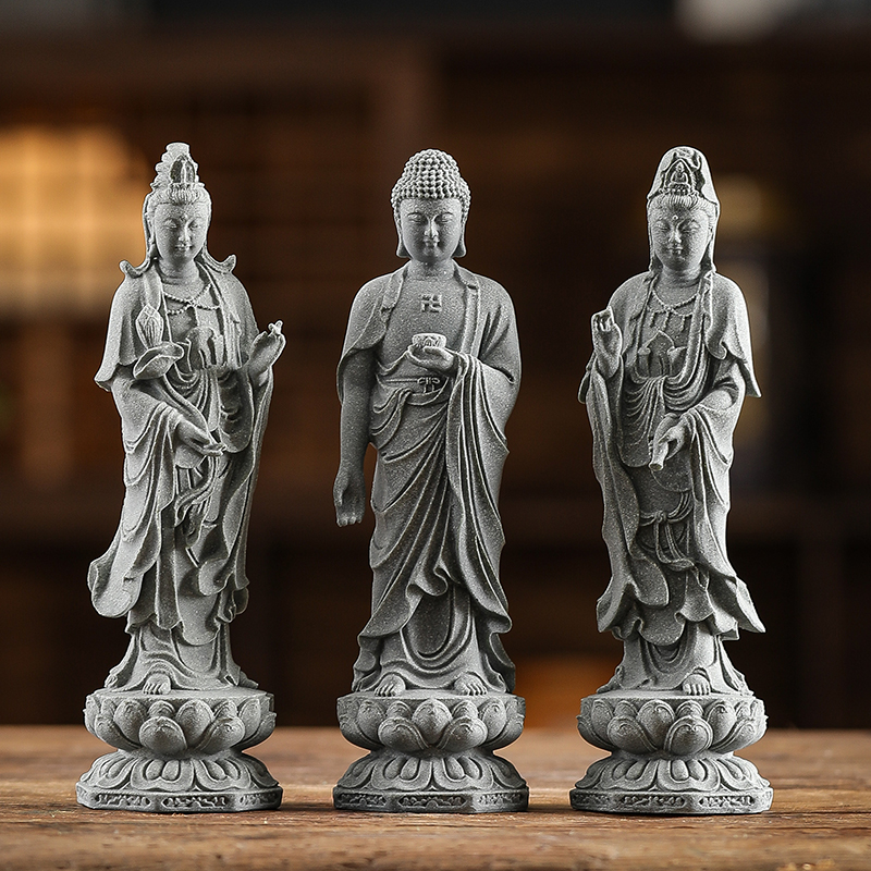 青砂石西方三圣站佛像家用供奉大势至阿弥陀佛观世音菩萨神像摆件