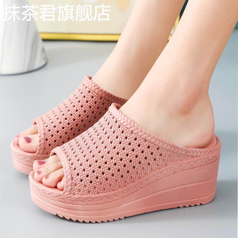 高跟拖鞋女夏厚底外穿潮坡跟室内浴室凉拖鞋居家用塑料透气松糕鞋