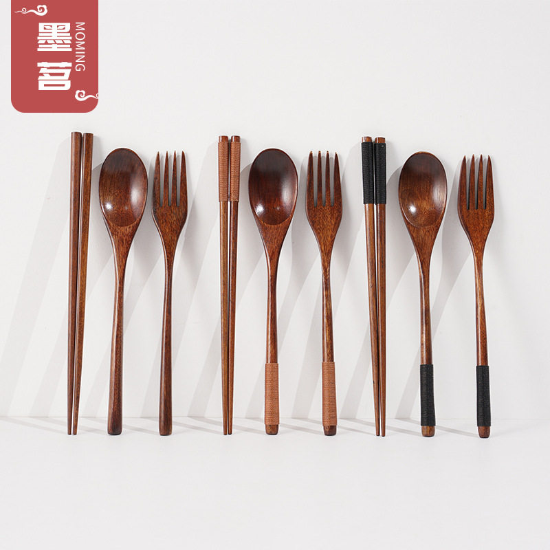 楠木便携餐具套装木勺子木筷子木叉子实木成人大号木质餐具一套