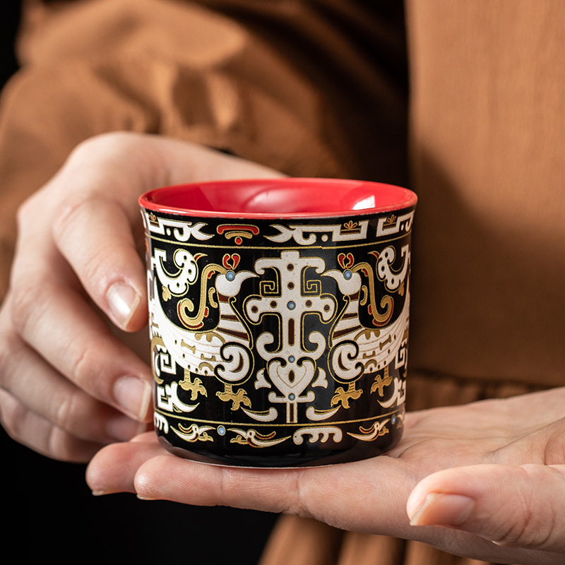 金银错主人杯陶瓷功夫茶具品茗杯家用大号泡茶杯单杯扳指杯饕餮杯