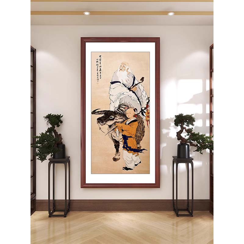 光绪年老子骑牛图出关紫气东来玄关挂画孔子中古风茶室走廊装饰画图片
