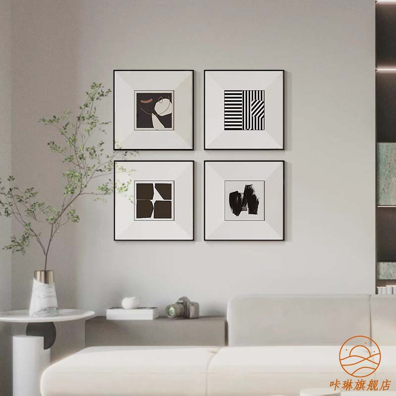 现代侘寂风玄关极简卧室方形装饰画黑白卧室组合抽象艺术餐厅挂画图片