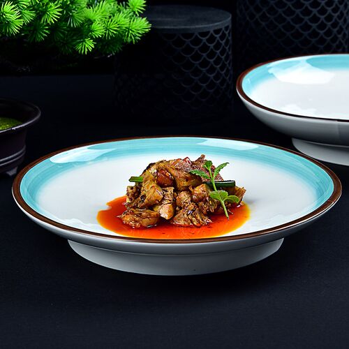 陶瓷圆形深e汤盘渐变绿色带脚菜盘子家用炒菜烧菜碗创意会所高脚