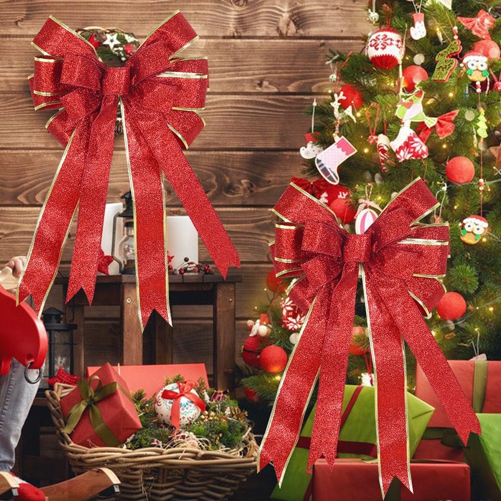 圣诞节双色拼接大号蝴蝶结圣诞树顶挂件配饰金葱粉双层蝴蝶结挂饰