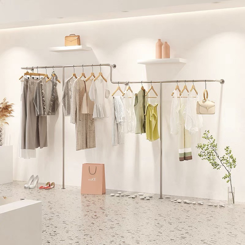 服装店展示架陈列落地式上墙不锈钢拉丝女童装专用货架网红挂衣架