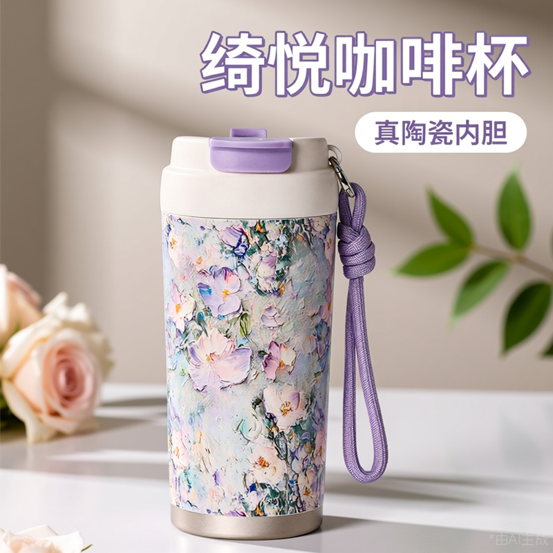 【非涂层】纯陶瓷内胆保温杯吸管水杯男女杯子外带咖啡杯复古油画,餐饮具,保冷/保温杯,淘宝优惠券,粉丝福利购,淘宝优惠卷