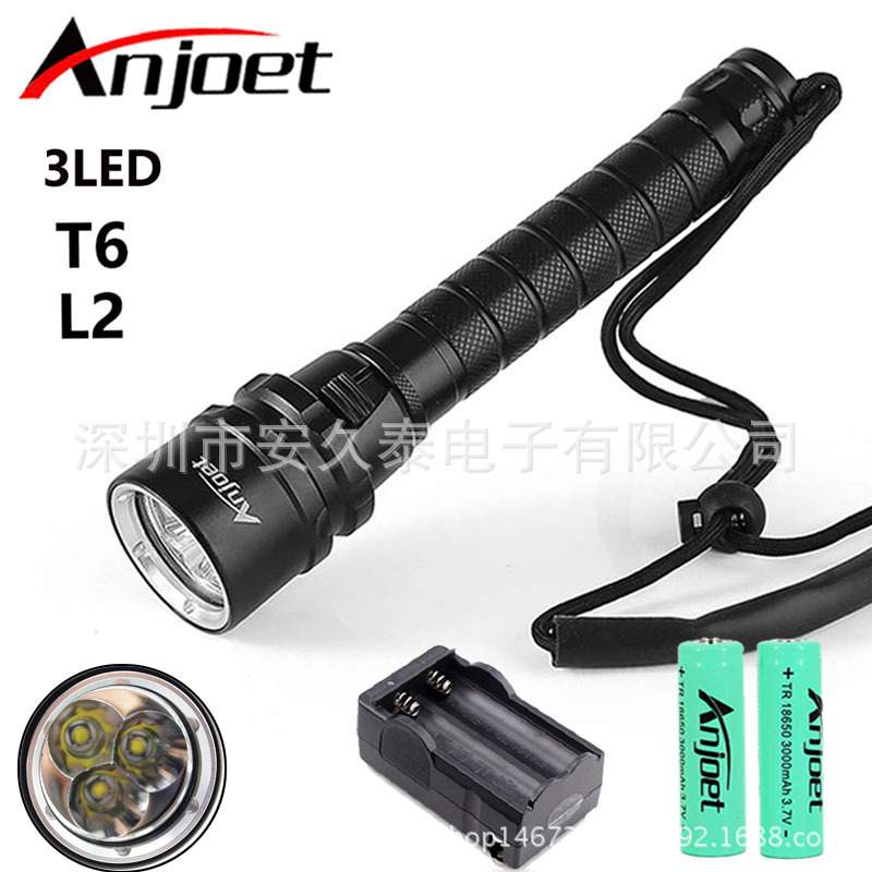 T6-L2 3LED潜水手电筒 铝合金 无极调光强光远射外照明手电