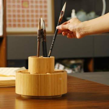 创竹圆形转动笔筒毛笔文房四宝学生办公可室桌面多功能意收NZ308