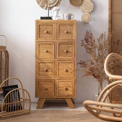 K8藤编田园风收纳柜储物藤编方格柜式客柜厅美餐边抽屉可移动实木