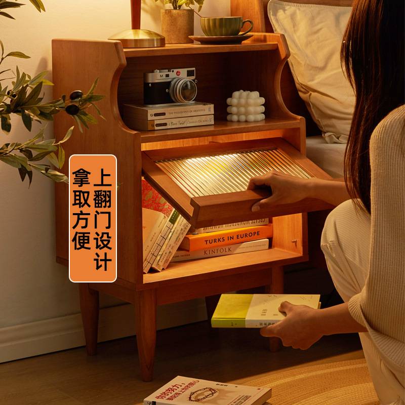 KI9S实木床头柜简约现代小户型智能收纳柜子原木樱桃木色卧室储物