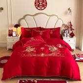 棉丝FEB光四件婚床新婚龙凤刺绣床笠套被套婚房装 饰布置床床上用