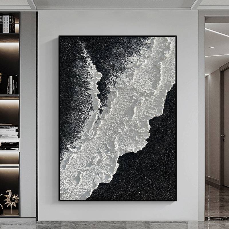 手绘油画黑白浪潮立体肌理抽象画走廊玄关挂画简约客厅落地装饰画图片