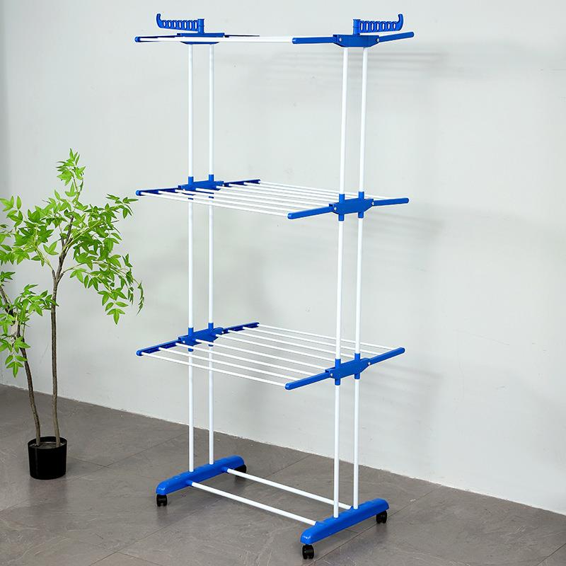 双杆室内可移动置物架收纳架落地三层折叠落地晒衣架多功能毛巾架