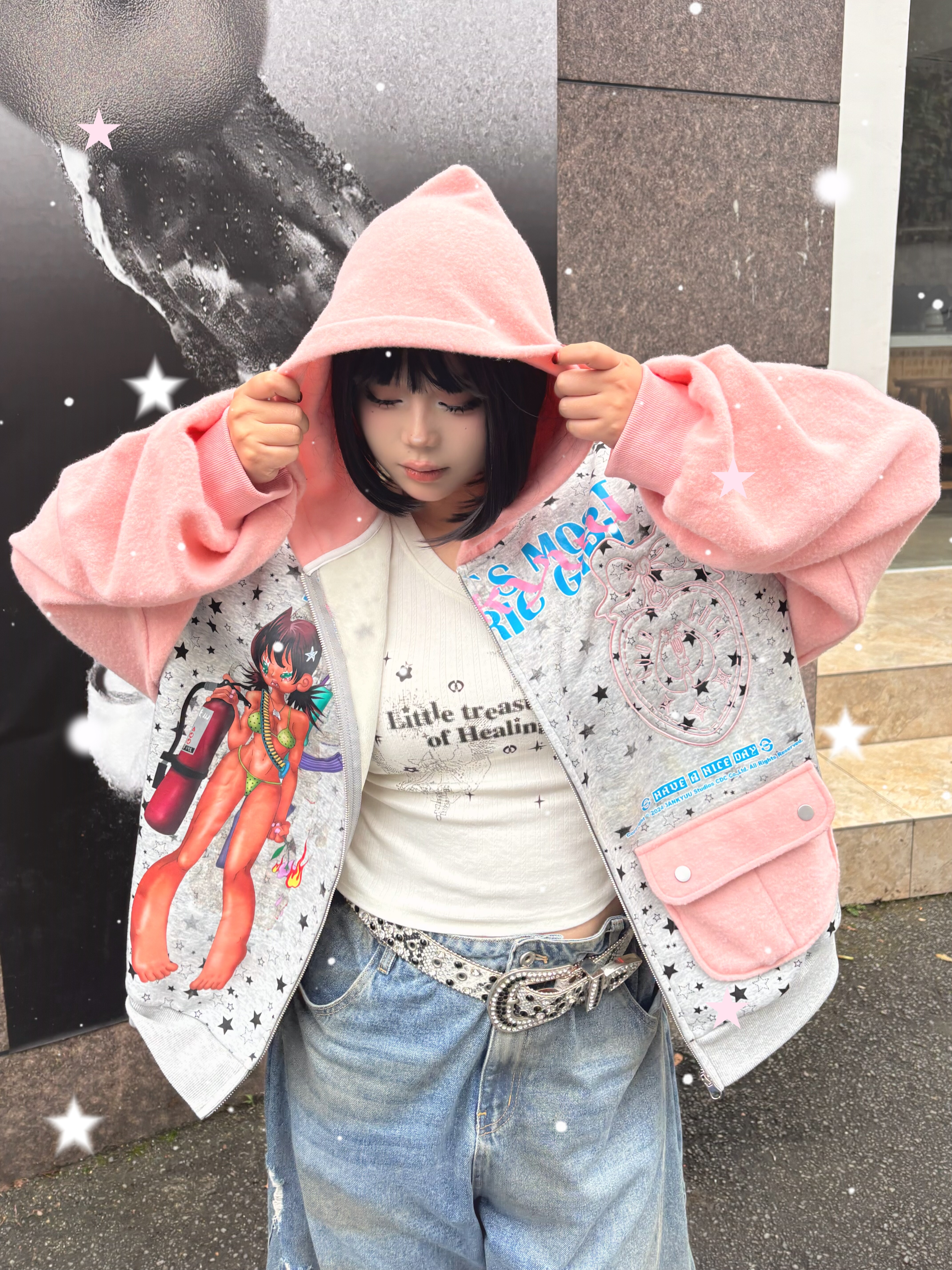 "GIRL WITH FIRE"艺术家联名星星兔绒拼接复合绒Y2KY3K轻亚风卫衣