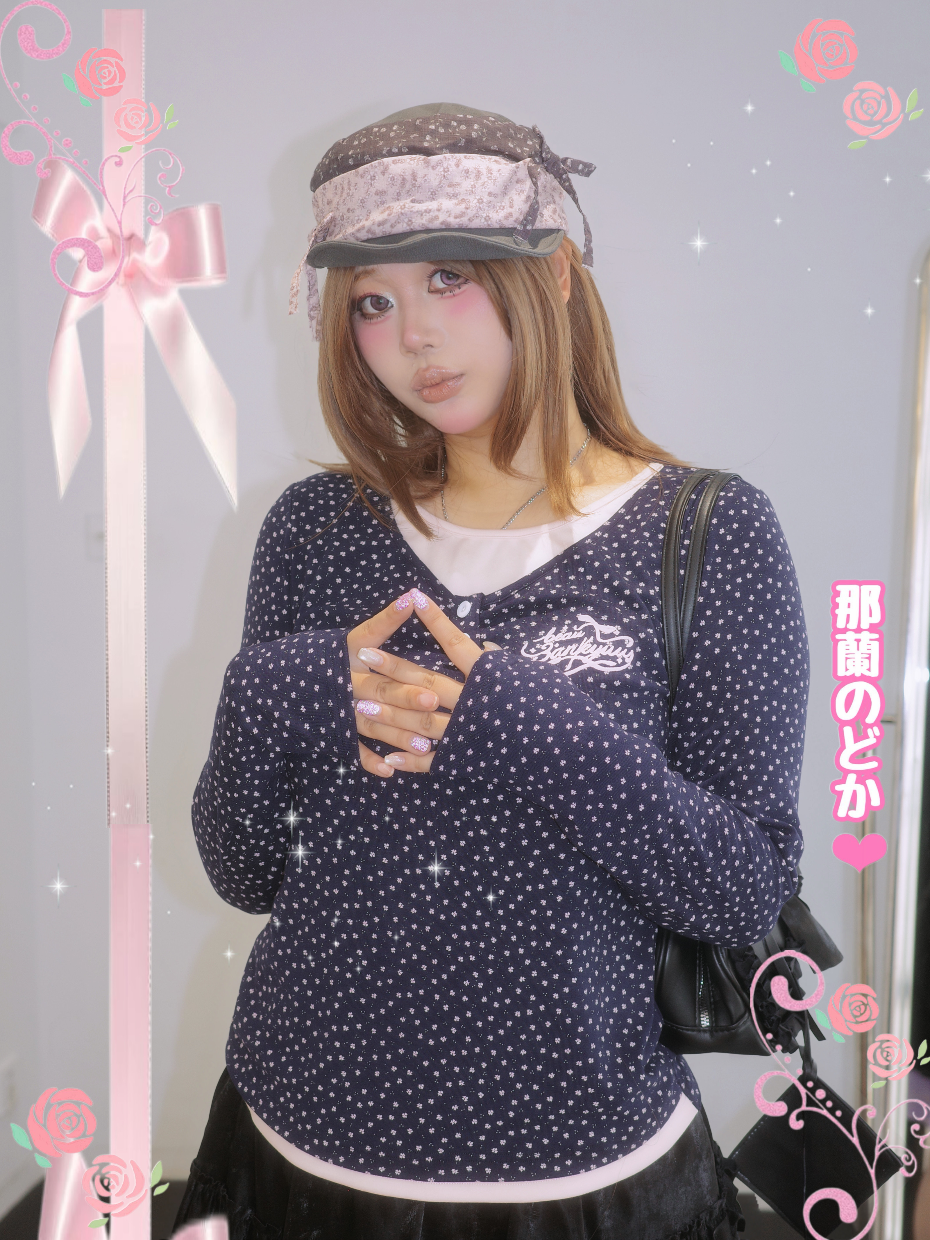 “童梦”复古轻亚风爱心碎花假两件针织衫胖mm宽松显瘦甜美风上衣