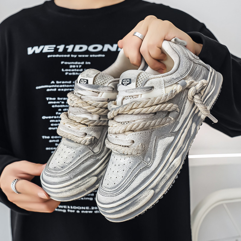 男鞋子潮鞋2025高级感痞帅鞋厚底溶解鞋男做旧脏脏鞋男士运动板鞋