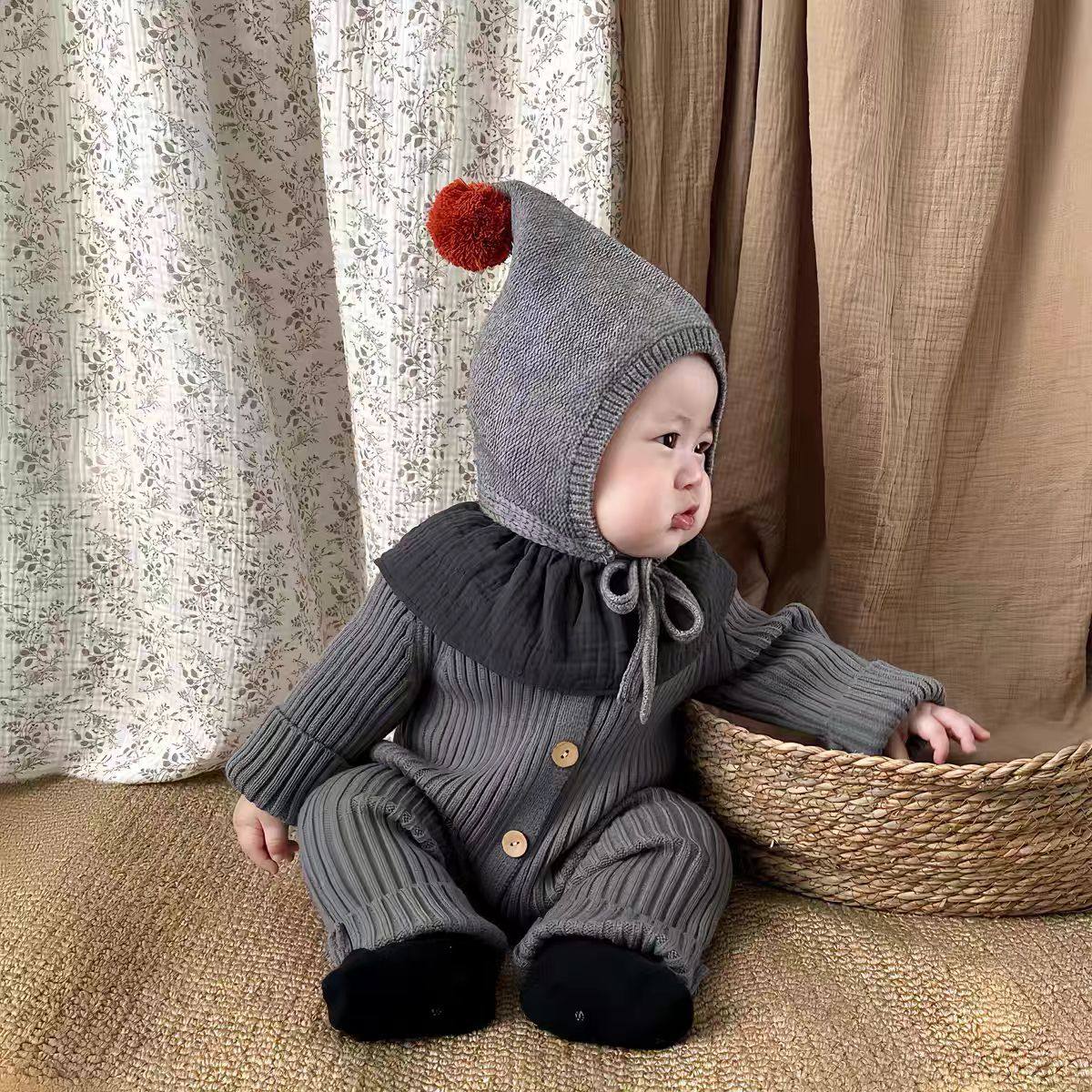 秋季小月龄宝宝帽子婴儿6到12个月超萌针织帽尖尖球男女宝防风