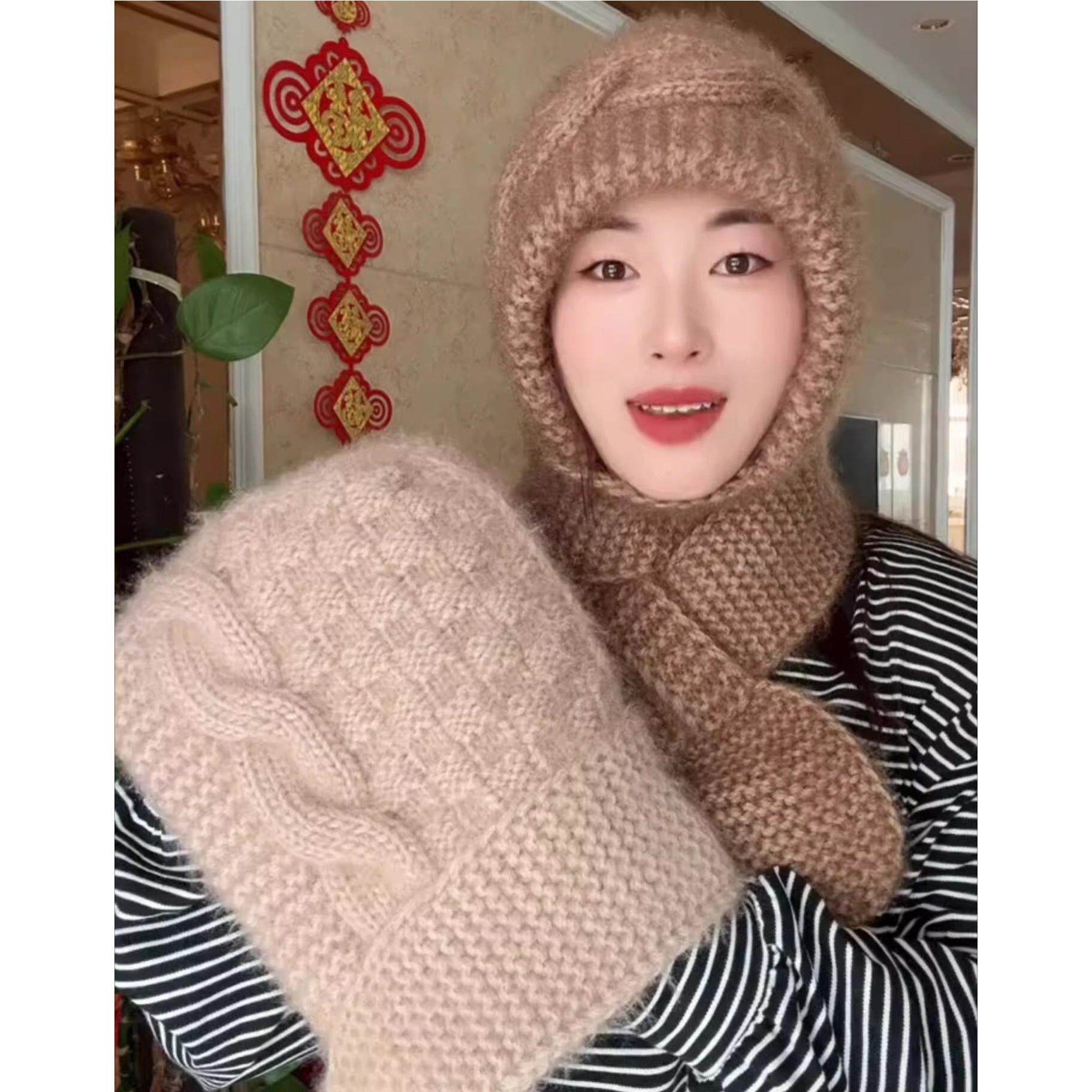 针织帽冬帽女士加厚保暖毛线帽子围巾一体秋冬季大头围户外风雪帽