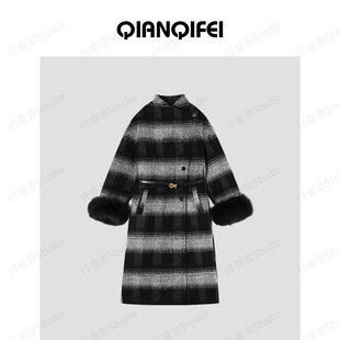 黑白格纹立领收腰大衣 氛围感毛毛袖 新款 2599 27H