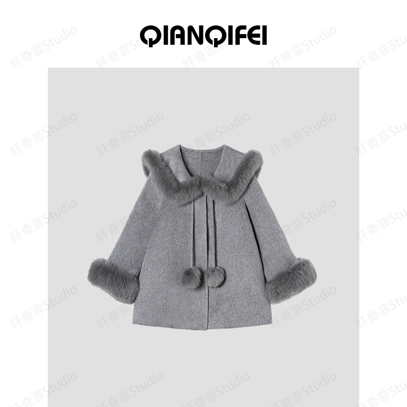 10-27H C【雪媚娘】新款甜美娃娃领披肩毛球双面大衣 2531