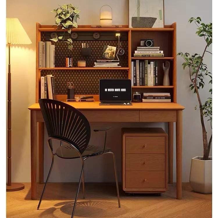 北欧实木书桌书架一体小户型学习桌写字台樱桃木办公桌日式电脑桌