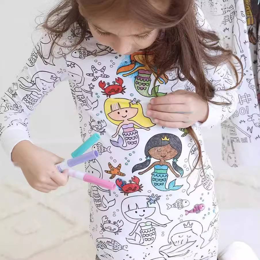 儿童涂鸦睡衣套装彩色DIY婴幼儿棉质colouring pajama sets