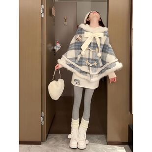 穿搭蝴蝶结连帽毛呢斗篷 冬日甜妹新款 短裙两件套女 雾栖星檐