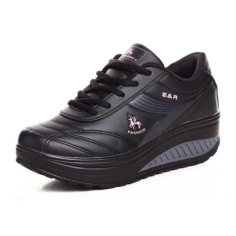 摇摇鞋女春秋皮面厚底旅游鞋运女鞋黑白动妈妈鞋软底波鞋女