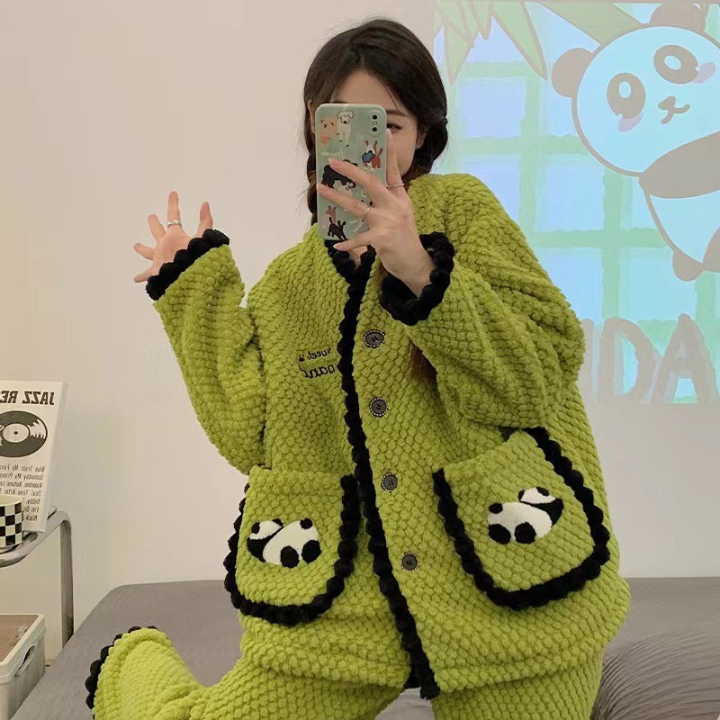 日本品质2025秋冬熊猫保暖女士长袍外传加绒加厚睡衣珊瑚绒可爱休