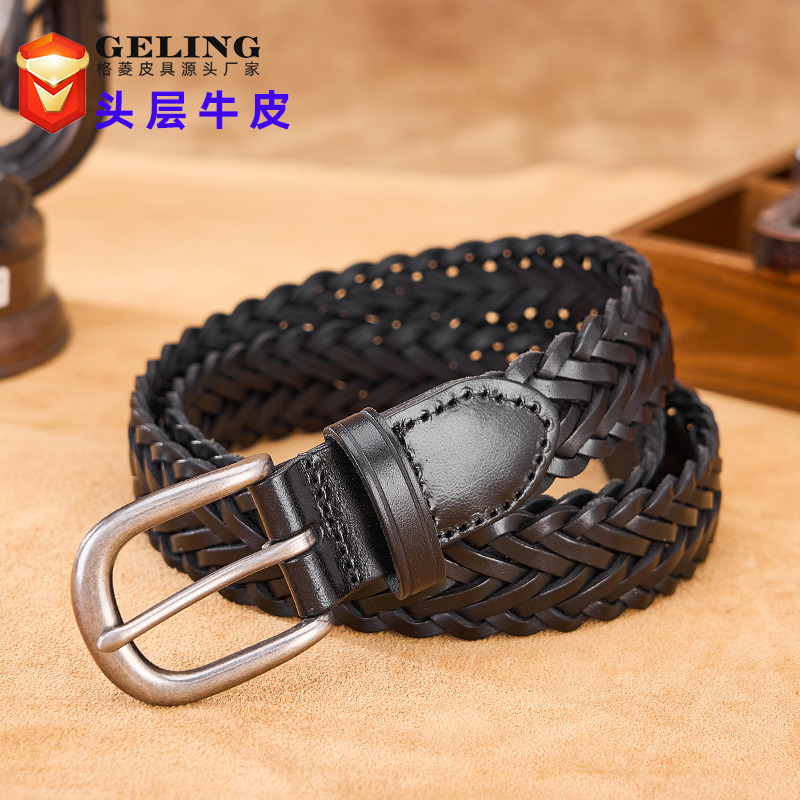 日本品质新款头层牛皮编织皮带女士真皮针扣青年复古休闲潮流腰带