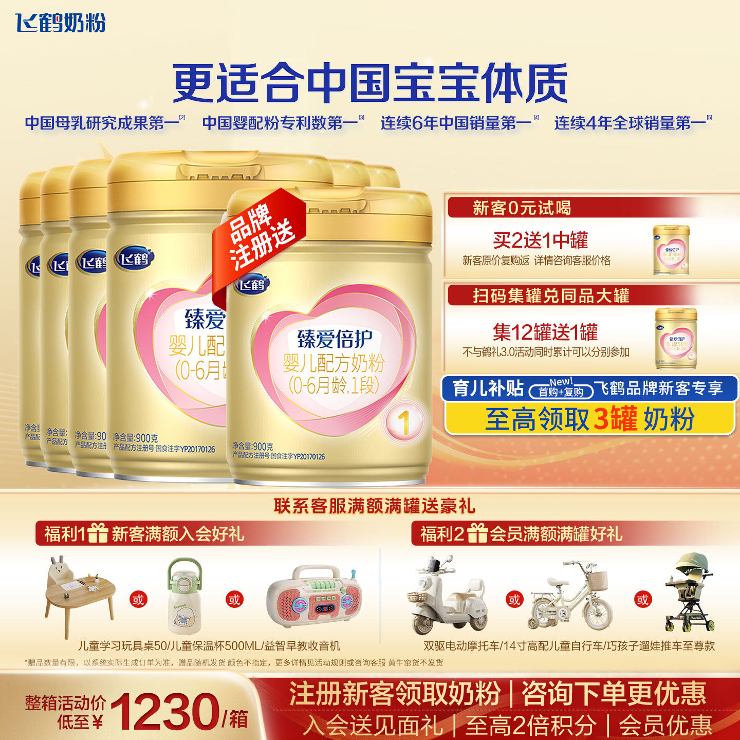 育儿补贴】飞鹤臻爱倍护1段旗舰店奶粉6罐900g一段官方正品