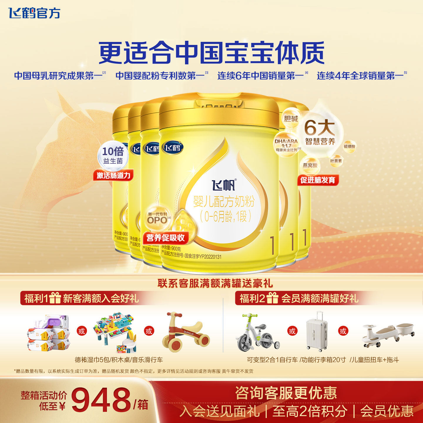 【会员】飞鹤飞帆呵护奶粉1段6罐900g旗舰店一段牛奶粉官方正品
