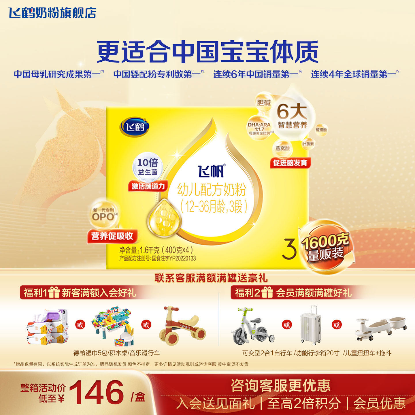 【聚惠】飞鹤飞帆呵护3段官方奶粉旗舰店四连包1600g盒装四联正品