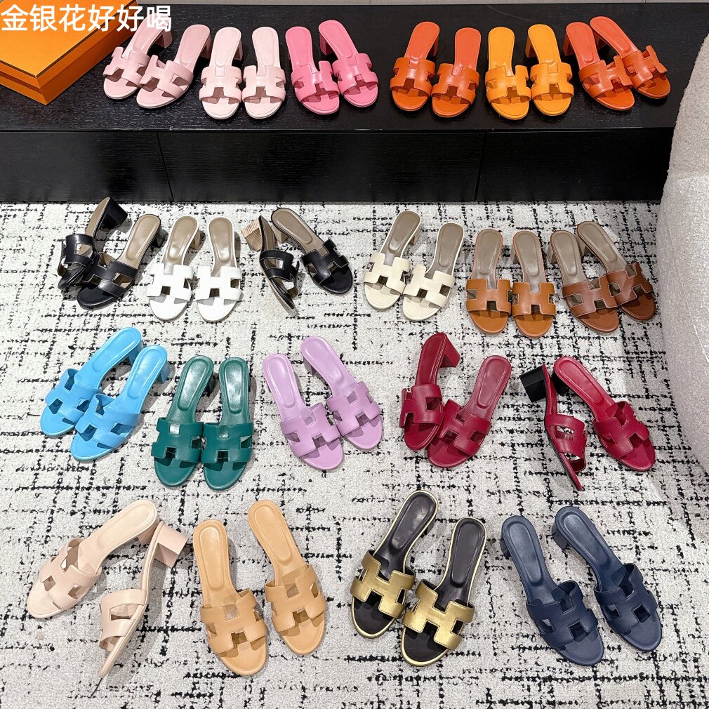 法式手工真皮底中跟女一字拖
