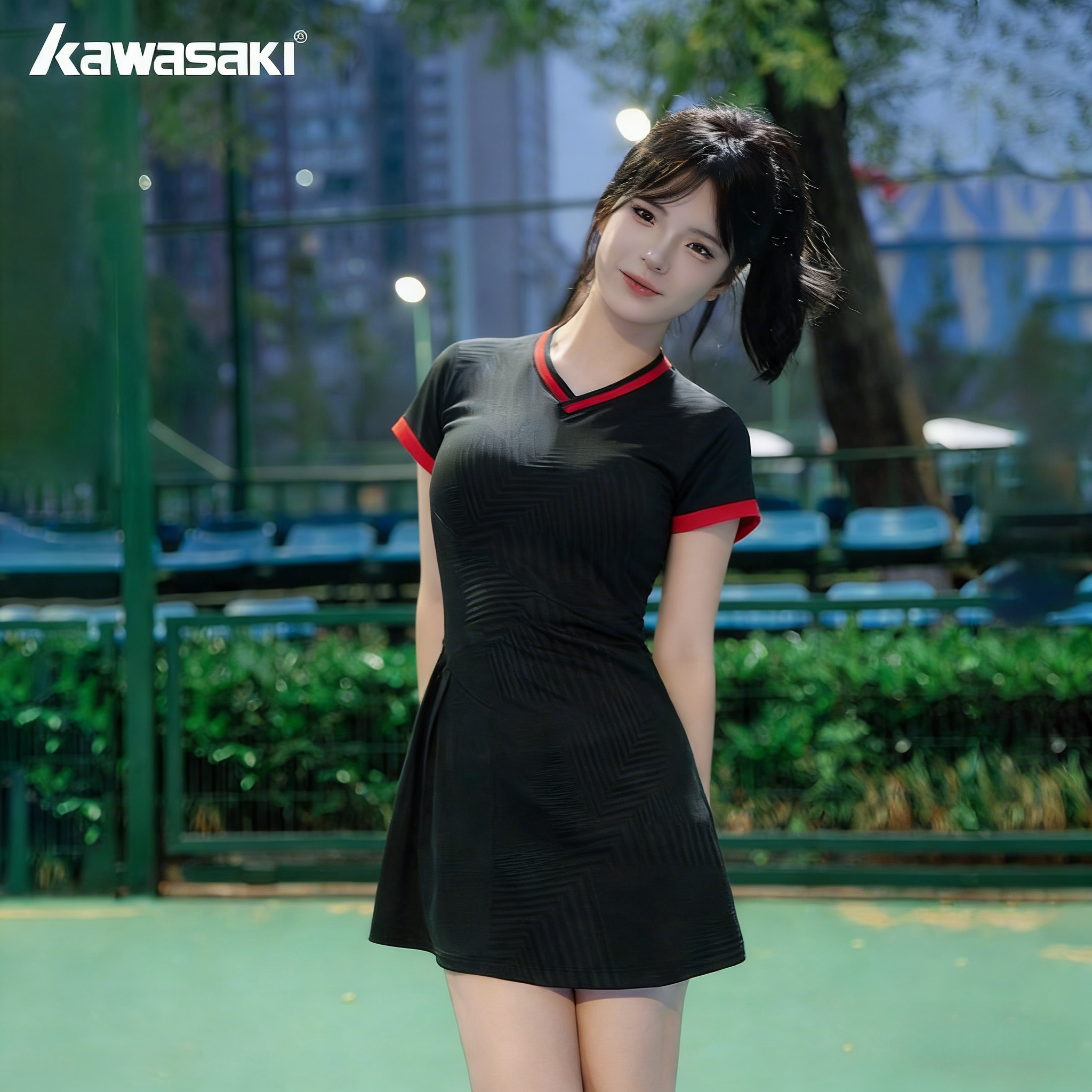 kawasaki川崎玫瑰黑色撞色连衣裙修身短袖匹克球服女运动休闲裙子