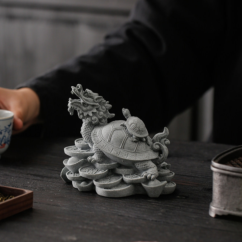 创意龙龟摆件鱼缸造景办公t室桌面玄关装饰中式瑞兽金钱母子龟茶