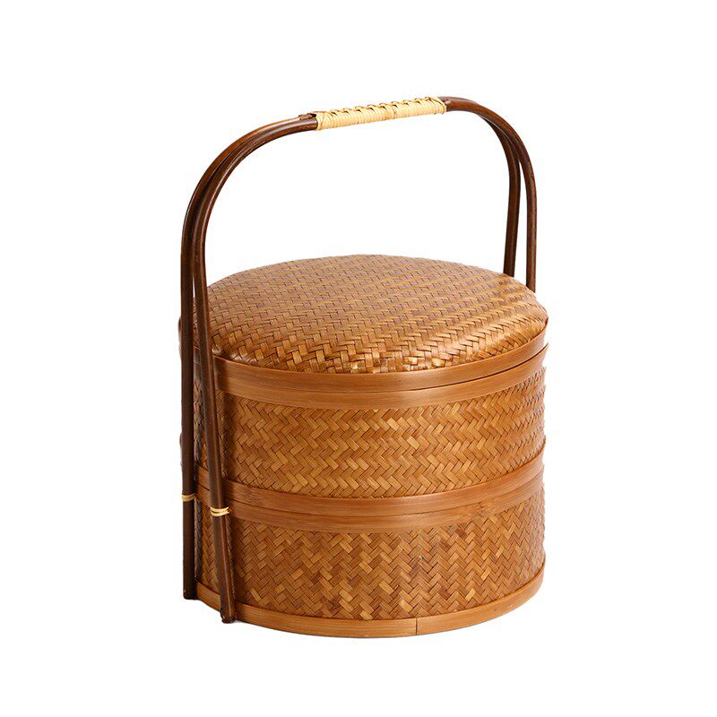 大漆复古竹编提h篮圆形双层点心篮食盒月饼礼盒手提功夫茶具收纳