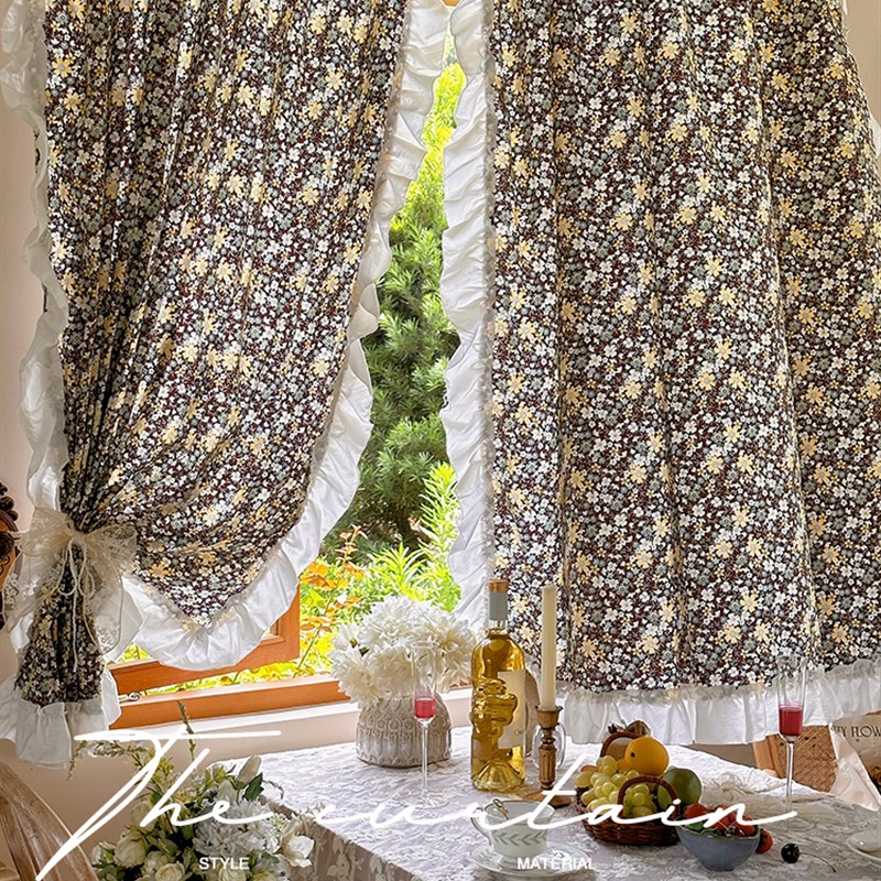 美式乡村复古棉布印花半帘法式荷叶D边清新碎花半遮光窗帘隔断门