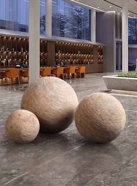 实木雕刻圆木球落地摆件大型雕塑工艺品酒店大堂门店X橱窗软装饰