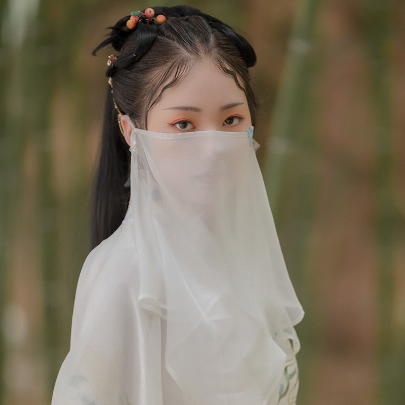 绛尾儿 古风铃铛刺绣面纱 遮脸遮阳防晒汉服配饰纯色纱巾中国风女
