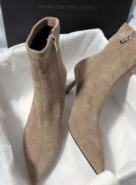 法式御姐弹力绒面瘦瘦靴秋冬新款高跟尖头韩版细跟简约通勤短靴女