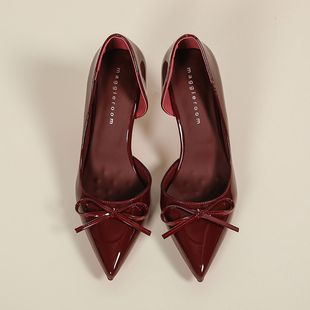 2025秋冬新款蝴蝶结红色侧空高跟鞋女性感温柔晚晚风尖头细跟单鞋