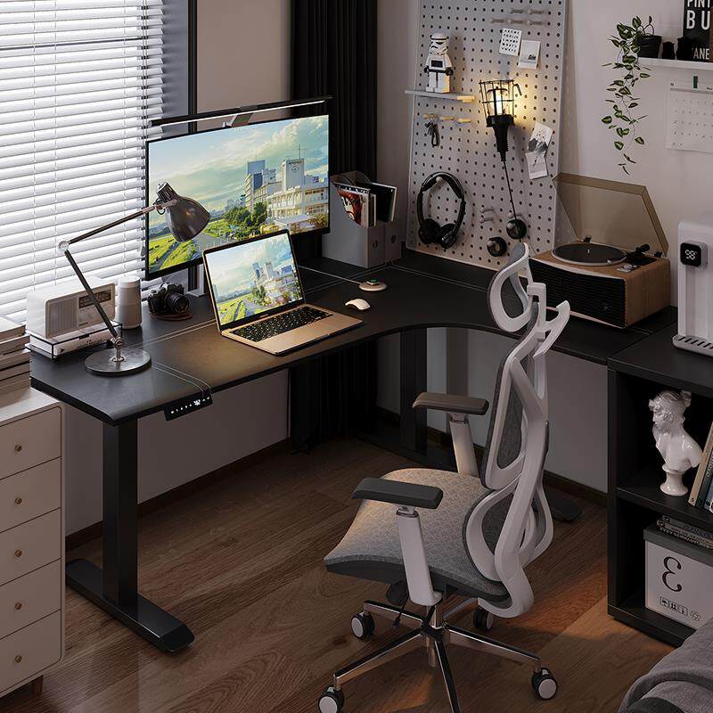 智芯 转角电动升降桌台式电脑桌家用皮面电竞桌工作台l型书桌A3L