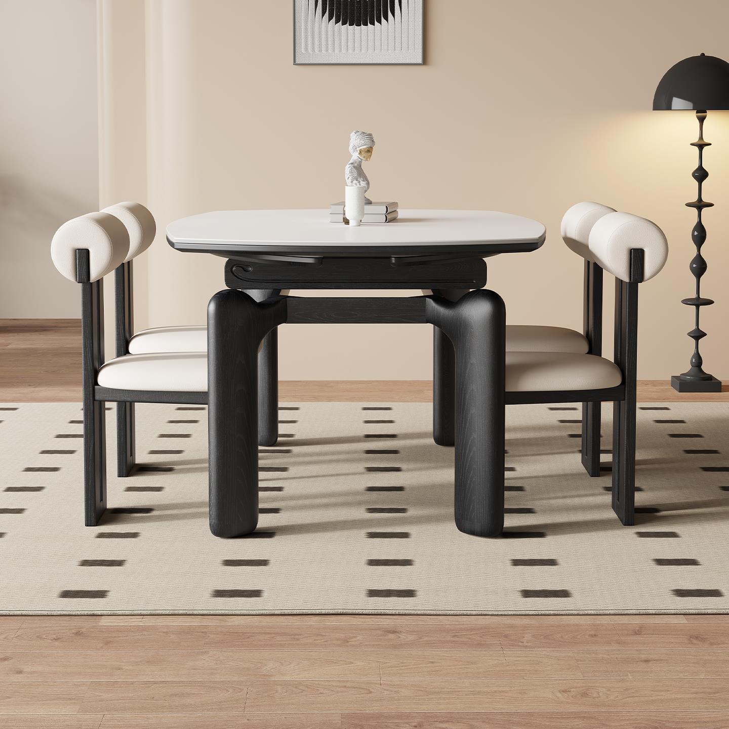 法式复古风大象腿实木岩板伸缩餐桌可变圆桌折叠两用小户型饭桌子