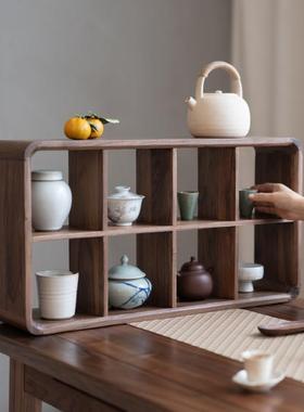 九间房黑胡桃实木置物架茶家具禅意简约多宝格搁架瓷器茶室方格架