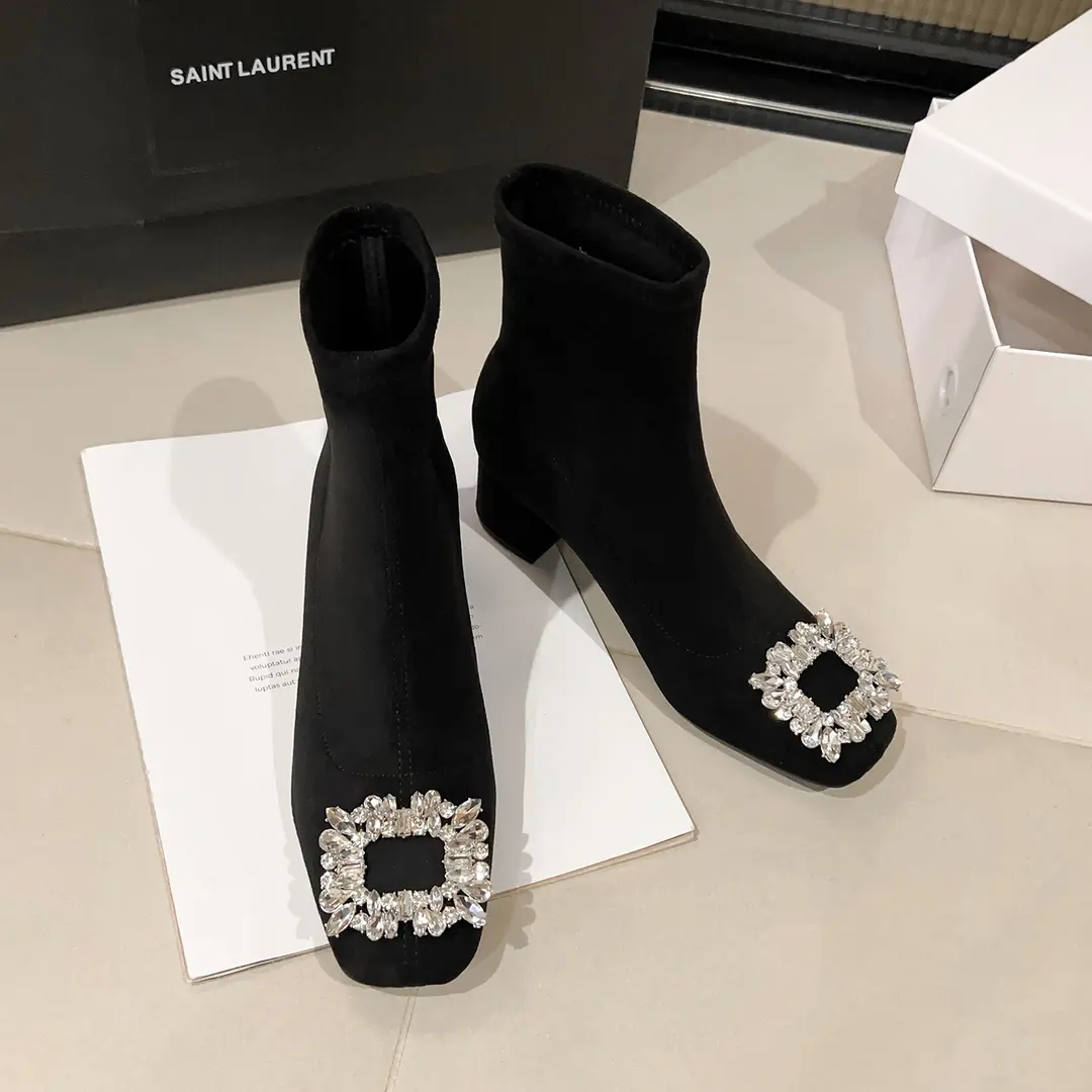 曹星星女鞋新款方头粗跟弹力靴显瘦短靴水钻短靴瘦瘦靴气质高跟鞋,女鞋,弹力靴/袜靴,淘宝优惠券,粉丝福利购,淘宝优惠卷