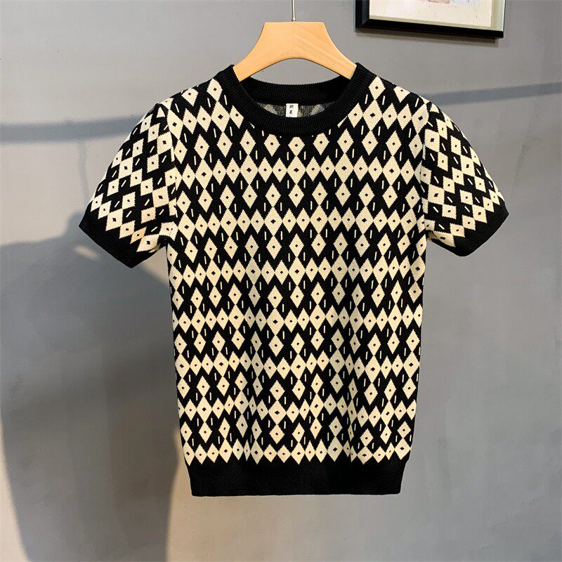 四季名品轻奢男装菱格修身短袖针织衫2026年潮流圆领撞色打底衫