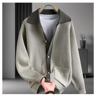 陆海丰男装秋季宽松型针织衫男士休闲翻领毛线衣高端进口外套