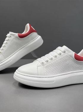 jmuxi久木男鞋夏季小白鞋运动打孔透气头层牛皮羊皮内里休闲板鞋